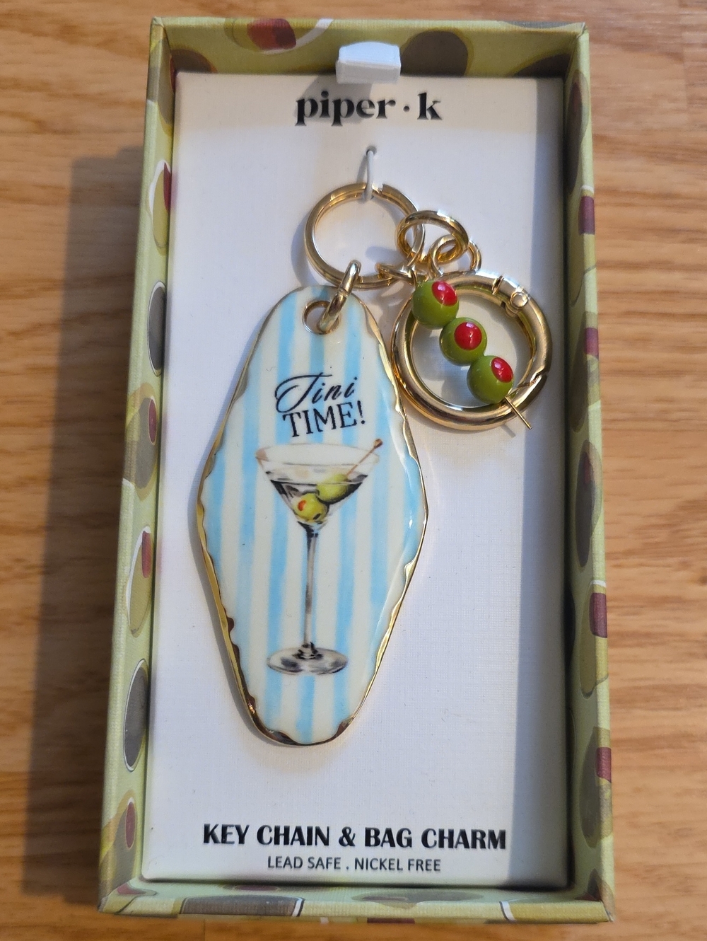 Piper•k Gold Martini Keychain Charm with Green Olive Beads